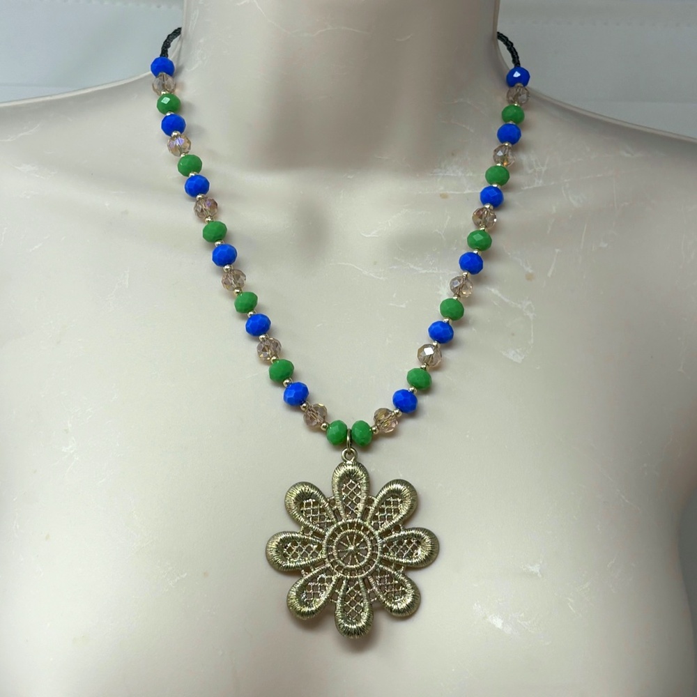 Handmade Beaded Necklace Opaque Blue Green Glass Beads Gold Tone Flower Pendant